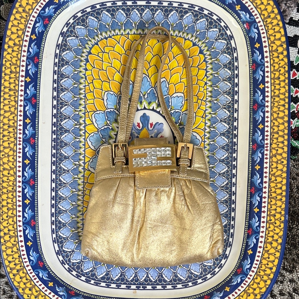 FENDI Vintage Gold Leather bag w/Crystal Logo